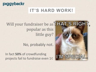 IT’S HARD WORK!
Will your fundraiser be as
popular as this
little guy?

No, probably not.
In fact 50% of crowdfunding
projects fail to fundraise even 1¢

 