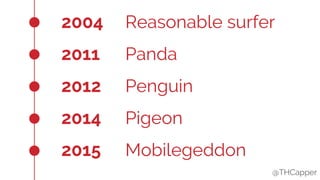 @THCapper
2004 Reasonable surfer
2011 Panda
2012 Penguin
2014 Pigeon
2015 Mobilegeddon
@THCapper
 