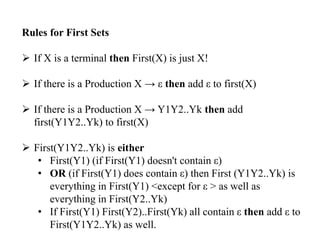 Rules for First Sets
 If X is a terminal then First(X) is just X!
 If there is a Production X → ε then add ε to first(X)
 If there is a Production X → Y1Y2..Yk then add
first(Y1Y2..Yk) to first(X)
 First(Y1Y2..Yk) is either
• First(Y1) (if First(Y1) doesn't contain ε)
• OR (if First(Y1) does contain ε) then First (Y1Y2..Yk) is
everything in First(Y1) <except for ε > as well as
everything in First(Y2..Yk)
• If First(Y1) First(Y2)..First(Yk) all contain ε then add ε to
First(Y1Y2..Yk) as well.
 