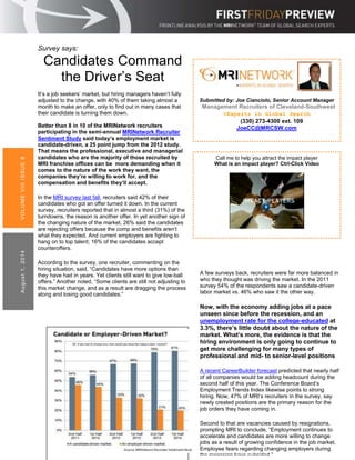 Survey says:
Candidates Command
the Driver’s Seat
It’s a job seekers’ market, but hiring managers haven’t fully
adjusted to the change, with 40% of them taking almost a
month to make an offer, only to find out in many cases that
their candidate is turning them down.
Better than 8 in 10 of the MRINetwork recruiters
participating in the semi-annual MRINetwork Recruiter
Sentiment Study said today’s employment market is
candidate-driven, a 25 point jump from the 2012 study.
That means the professional, executive and managerial
candidates who are the majority of those recruited by
MRI franchise offices can be more demanding when it
comes to the nature of the work they want, the
companies they’re willing to work for, and the
compensation and benefits they’ll accept.
In the MRI survey last fall, recruiters said 42% of their
candidates who got an offer turned it down. In the current
survey, recruiters reported that in almost a third (31%) of the
turndowns, the reason is another offer. In yet another sign of
the changing nature of the market, 26% said the candidates
are rejecting offers because the comp and benefits aren’t
what they expected. And current employers are fighting to
hang on to top talent; 16% of the candidates accept
counteroffers.
According to the survey, one recruiter, commenting on the
hiring situation, said, “Candidates have more options than
they have had in years. Yet clients still want to give low-ball
offers.” Another noted, “Some clients are still not adjusting to
this market change, and as a result are dragging the process
along and losing good candidates.”
VOLUMEVIIIISSUE8August1,2014
© 2014 Management Recruiters International, Inc. An Equal Opportunity Employer
A few surveys back, recruiters were far more balanced in
who they thought was driving the market. In the 2011
survey 54% of the respondents saw a candidate-driven
labor market vs. 46% who saw it the other way.
Now, with the economy adding jobs at a pace
unseen since before the recession, and an
unemployment rate for the college-educated at
3.3%, there’s little doubt about the nature of the
market. What’s more, the evidence is that the
hiring environment is only going to continue to
get more challenging for many types of
professional and mid- to senior-level positions
A recent CareerBuilder forecast predicted that nearly half
of all companies would be adding headcount during the
second half of this year. The Conference Board’s
Employment Trends Index likewise points to strong
hiring. Now, 47% of MRI’s recruiters in the survey, say
newly created positions are the primary reason for the
job orders they have coming in.
Second to that are vacancies caused by resignations,
prompting MRI to conclude, “Employment continues to
accelerate and candidates are more willing to change
jobs as a result of growing confidence in the job market.
Employee fears regarding changing employers during
the recession have subsided.”
Call me to help you attract the impact player
What is an impact player? Ctrl-Click Video
Source: Department of Labor
Submitted by: Joe Cianciolo, Senior Account Manager
Management Recruiters of Cleveland-Southwest
>Experts in Global Search
(330) 273-4300 ext. 109
JoeCC@MRCSW.com
 