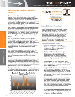 Submitted by: Joe Cianciolo, Senior Account Manager
                      Reaching Top Talent as a Path to
                      Growth
                      The recession and broader economic slowdown have given                                                           Management Recruiters of
                      business leaders the cover they need to make sweeping                                                              Cleveland-Southwest
                      changes to their business structures. For some, it has meant                                                    >Experts in Global Search ™
                      sending core processes overseas, for others, it has meant                                                         (330) 273-4300 ext. 109
                      investing in technology that would automate tasks once carried                                                       JoeCC@MRCSW.com
                      out by humans. It’s why in the depths of the recession,
                      economic output per hour worked actually skyrocketed, growing
                      at over 5 percent for more than a year.
                                                                                                                   Recent MRINetwork® Analysis
                      After a decade of lightning-speed technological advancements,
                      the recession was a well-placed opportunity for businesses in
                      almost every sector to look for ways to streamline their                                       The dip in unemployment did not come as a surprise
                                                                                                                     to Jonathan Bender, who runs a job recruiting firm
                      processes and improve efficiency. It allowed many companies to
                                                                                                                     office, PrincetonOne, on the North Side. He said his
                      mitigate the impact of the recession on their bottom lines. Yet,
                                                                                                                     office, which recruits people who have more than five
        ISSUE 12




                      the law of diminishing returns means these methods will only
                                                                                                                     years of work experience, has seen a demand for
                      work for so long. Eventually, growth will need to come from                                    engineers and sales representatives, particularly
                      growth.                                                                                        those who can work a territory. The manufacturing
                                                                                                                     sector has generated the most activity for his
                      “You would be hard pressed to find a company that has                                          company, along with purchasing, especially for good
    |




                      managed long-term growth without investment. That investment                                   negotiators who can save a company money.
        VOLUME V




                      normally needs to begin with human capital,” says Rob                                                                      Jonathan Bender, PrincetonOne
                      Romaine, president of MRINetwork. “After a deep recession that                                 As quoted in the Pittsburgh Post-Gazette November 1,
                      affects people at every level, trying to expand through                                        Notable International Events
                                                                                                                     2011
                      increasing workloads can be counterproductive as employees
                                                                                                                          European unemployment rose rapidly in
                      are pushed past their tipping point, leading to increased
                                                                                                                           October, reaching 9.8 percent in the EU27 and
                      turnover.”
                                                                                                                           10.3 percent in the EA17, surpassing its
                                                                                                                           previous highs early in 2010.
                      New hires intended for growth, however, can be some of the
                      most difficult. As a company expands laterally, or even                                        
   DECEMEBER | 2011




                                                                                                                           The Japanese Statistics Bureau has begun
                      horizontally, new positions with unique qualifications become                                        again reporting employment figures for the
                      necessary. Existing in-house recruiting pipelines can often fall                                     entire country, no longer excluding those
                      short of meeting the demand of new pools of candidates                                               regions worst hit by the March 11 earthquake
                      required.                                                                                            and tsunami. Total unemployment has actually
                                                                                                                           fallen from 4.7 percent at the time of the
                      When an organization creates a new position, it calls for a very                                     disasters to 4.1 percent in September.
                      different type of candidate than if the position was already in
                      existence. Finding the types of candidates ready to take on such                                    the best new staff you could bring aboard,” notes
                      a task frequently, if not exclusively, requires reaching deep into                                  Romaine. “That exact same candidate though, will likely
                      the workforce of current and would-be competitors to find people                                    not only take a call from an industry recruiter; they may
                      who can not only do the job, but define the job.                                                    already be working with one.”

                      “The type of top talent you want to recruit aren’t going to answer                                  Acting as a third party, an industry recruiter can work with
                      the phone when a competitor calls them—much less be actively                                        hiring managers not only to create what the job
                      applying to job openings—automatically screening out some of                                        description for a new role might look like, but also help
                                                                                                                          them understand what types of candidates are already in
                              Quarterly Change in Productivity                                                            the passive candidate market. They can map out a
                                                 (Per hour worked)                                                        search strategy to identify, screen, and eventually recruit
                                                                                                                          the correct person.

                                                                                                                          “The most effective employees are almost by definition
                                                                                                                          the most engaged. They are invested in their jobs and
                                                                                                                          aren’t actively considering other employment. But it’s
                                                                                                                          also not going to stop them from taking a look when an
                                                                                                                          opportunity arises,” says Romaine. “In recessions and
                                                                                                                          boom times, these passive candidates end up being the
                                                                                                                          most consistently successful and effective hires a
                                                                                                                          company can make.”
                                                           Source: Bureau of Labor Statistics                             For companies that have already made all the easy fixes
                                                                                                                          to productivity, growth in a sluggish 2012 economy may
                                                                                                                          only be found through investing in growing workforces
                                                                                                                          and recruiting top passive candidates.
© 2011 Management Recruiters International, Inc. An Equal Opportunity Employer. Each office is independently owned and operated.
 