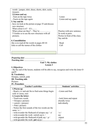 words : jumper, shirt, shoes, shorts, skirt, socks, 
trousers. 
2.Listen and say 
-Turn on the tape twice 
-Tuern on the tape again 
3. Say and do 
- have sts look at the picture at page 35 and discuss 
new structure: 
What colour is it? – It’s……. 
What colour are they? – They’re …………… 
T Guides ss to use the new structures with all 
pictures. 
4. Consolidation 
Aks ss to read all the words in pages 40+41 
Asks ss call the names of the clothes 
Listen 
Listen and say again 
Practise with new sentence. 
Ss work in pairs. 
Prctise in front of the class. 
Say and do 
Read 
Call 
Preparing date:...................................... 
Teaching date :...................................... 
Unit 7: My clothes 
Lesson 3 
I. Objectives 
- By the end of the lesson, students will be able to say, recognize and write the letter O 
and P. 
II. Vocabulary 
Octopus, ostrich, pink 
III. Teaching aids 
Pictures. 
IV. Procedure 
Teacher’s activities Students’ activities 
1.Warm up: 
- Read n /n/ and ask Sts to find some things begin 
with /n/ (nose, nut) 
2. Learn the letter: 
- Teach new words 
+ Octopus ( picture) 
+ ostrich ( picture) 
+ Pink ( picture) 
- Notice the first sounds of the two words are the 
same / o / 
- write o under the flashcard of octopus say / o/ 
- write o under the work ostrich say/o / 
- write p under the flashcard of pink say / p / 
- write p under the work pat say/p / 
- Listen and find. 
- look listen and repeat 
chorally twice 
individually 
/ o / 
say 
-repeat 
/ p / 
53 
 