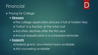 Financial
u Paying for College
u Stressors
uThe college application process is full of hidden fees
u"Tuition" is a fraction of the total cost
uAid often declines after the first year
uAnnual reapplication is a scheduled reminder
u Supports
uFederal grants, low-interest loans available
uAid counseling available
 
