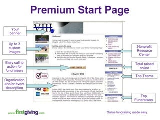 Premium Start Page Organization and/or event description Total raised online Easy call to action for fundraisers Your banner Top Teams Top Fundraisers Nonprofit Resource Center Up to 3 custom Images 