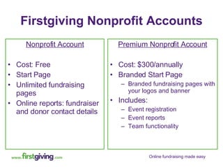 Firstgiving Nonprofit Accounts Nonprofit Account Cost: Free Start Page Unlimited fundraising pages Online reports: fundraiser and donor contact details Premium Nonprofit Account Cost: $300/annually Branded Start Page Branded fundraising pages with your logos and banner Includes: Event registration Event reports  Team functionality 