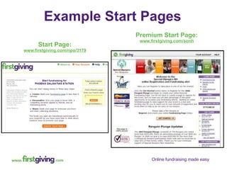 Example Start Pages Premium Start Page: www.firstgiving.com/sonh Start Page: www.firstgiving.com/npo/3179 