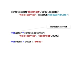 remote.start("localhost", 9999).register(
     "hello-service", actorOf[HelloWorldActor])



                                 RemoteActorRef


val actor = remote.actorFor(
      "hello-service", "localhost", 9999)

val result = actor !! "Hello"
 