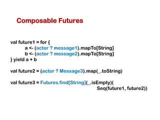 Composable Futures


val future1 = for {
       a <- (actor ? message1).mapTo[String]
       b <- (actor ? message2).mapTo[String]
} yield a + b

val future2 = (actor ? Message3).map(_.toString)

val future3 = Futures.find[String](_.isEmpty)(
                                       Seq(future1, future2))
 