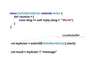 class HelloWorldActor extends Actor {
   def receive = {
       case msg => self reply (msg + " World")
   }
}

                                      LocalActorRef


val myActor = actorOf[HelloWorldActor].start()


val result = myActor !! “message”
 
