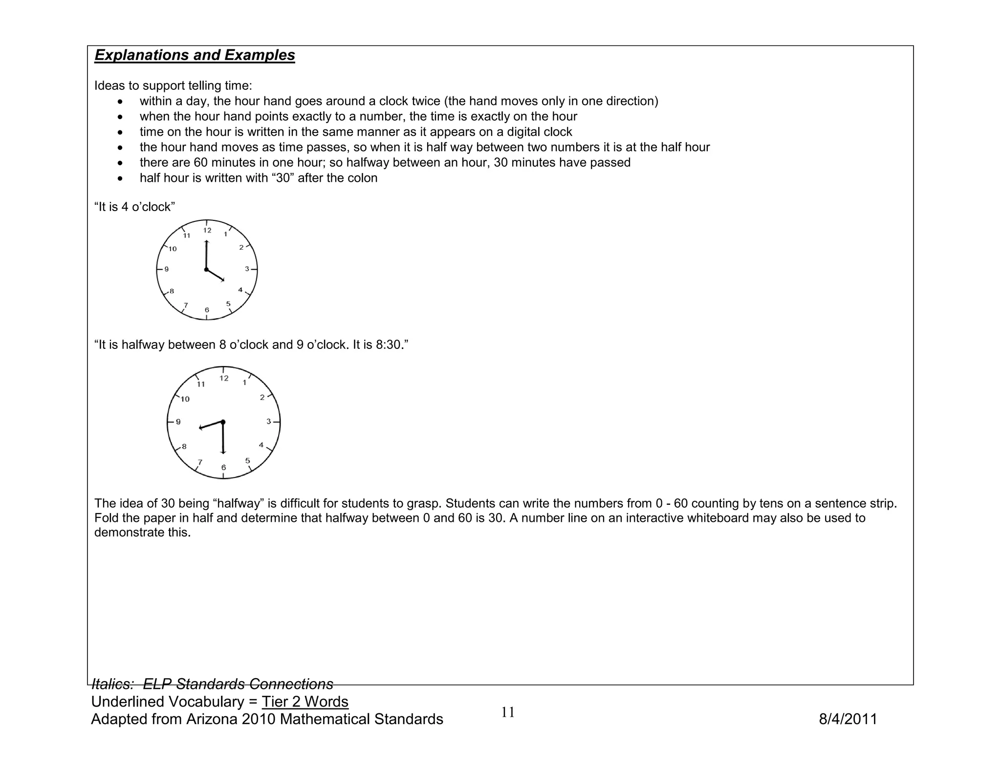 Explanations and Examples
Ideas to support telling time:
    • within a day, the hour hand goes around a clock twice (the hand moves only in one direction)
    • when the hour hand points exactly to a number, the time is exactly on the hour
    • time on the hour is written in the same manner as it appears on a digital clock
    • the hour hand moves as time passes, so when it is half way between two numbers it is at the half hour
    • there are 60 minutes in one hour; so halfway between an hour, 30 minutes have passed
    • half hour is written with “30” after the colon

“It is 4 o’clock”




“It is halfway between 8 o’clock and 9 o’clock. It is 8:30.”




The idea of 30 being “halfway” is difficult for students to grasp. Students can write the numbers from 0 - 60 counting by tens on a sentence strip.
Fold the paper in half and determine that halfway between 0 and 60 is 30. A number line on an interactive whiteboard may also be used to
demonstrate this.




Italics: ELP Standards Connections
Underlined Vocabulary = Tier 2 Words
Adapted from Arizona 2010 Mathematical Standards                          11                                                        8/4/2011
 