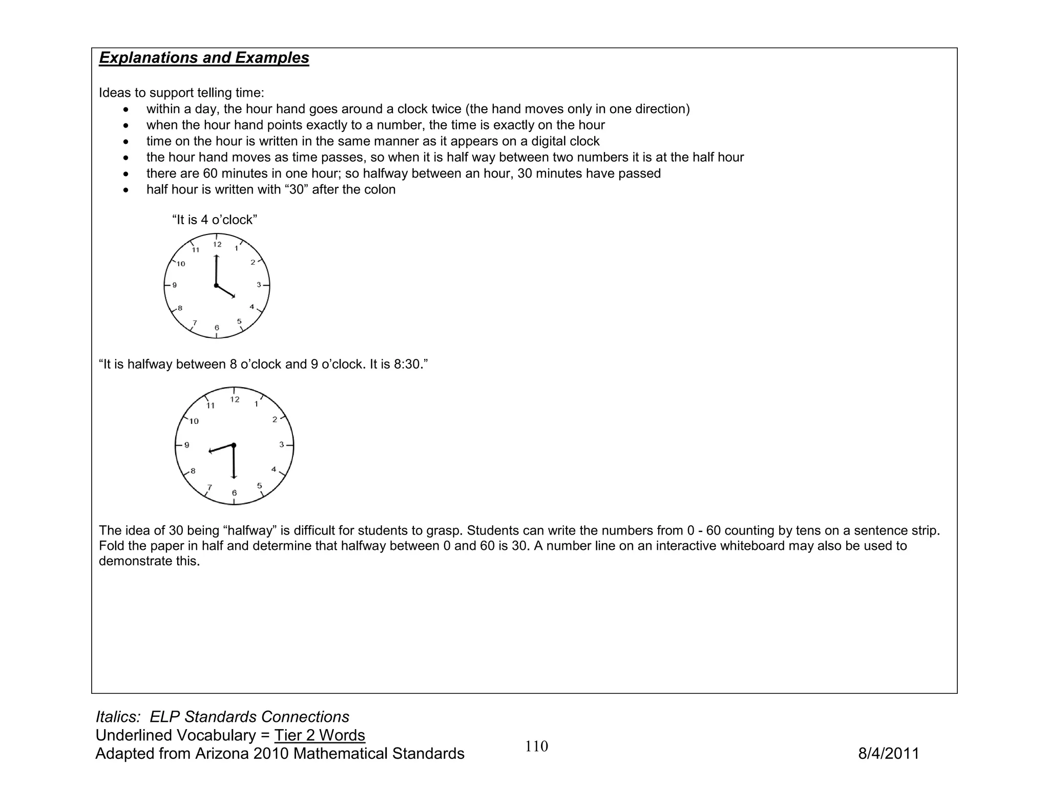 Explanations and Examples

Ideas to support telling time:
    • within a day, the hour hand goes around a clock twice (the hand moves only in one direction)
    • when the hour hand points exactly to a number, the time is exactly on the hour
    • time on the hour is written in the same manner as it appears on a digital clock
    • the hour hand moves as time passes, so when it is half way between two numbers it is at the half hour
    • there are 60 minutes in one hour; so halfway between an hour, 30 minutes have passed
    • half hour is written with “30” after the colon

             “It is 4 o’clock”




“It is halfway between 8 o’clock and 9 o’clock. It is 8:30.”




The idea of 30 being “halfway” is difficult for students to grasp. Students can write the numbers from 0 - 60 counting by tens on a sentence strip.
Fold the paper in half and determine that halfway between 0 and 60 is 30. A number line on an interactive whiteboard may also be used to
demonstrate this.




Italics: ELP Standards Connections
Underlined Vocabulary = Tier 2 Words
Adapted from Arizona 2010 Mathematical Standards                          110                                                       8/4/2011
 