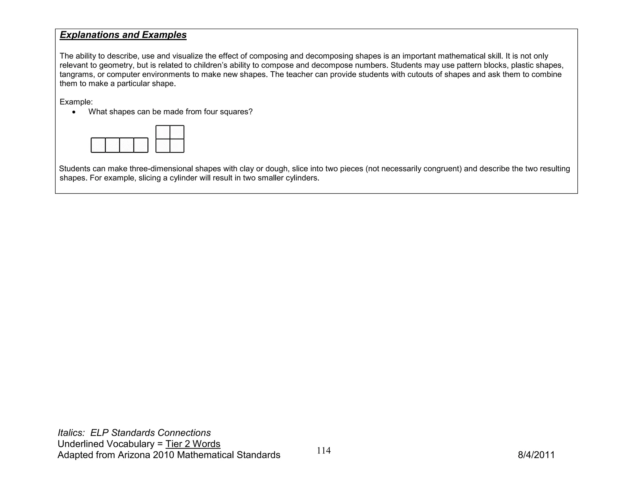 Explanations and Examples

The ability to describe, use and visualize the effect of composing and decomposing shapes is an important mathematical skill. It is not only
relevant to geometry, but is related to children’s ability to compose and decompose numbers. Students may use pattern blocks, plastic shapes,
tangrams, or computer environments to make new shapes. The teacher can provide students with cutouts of shapes and ask them to combine
them to make a particular shape.

Example:
   •  What shapes can be made from four squares?




Students can make three-dimensional shapes with clay or dough, slice into two pieces (not necessarily congruent) and describe the two resulting
shapes. For example, slicing a cylinder will result in two smaller cylinders.




Italics: ELP Standards Connections
Underlined Vocabulary = Tier 2 Words
Adapted from Arizona 2010 Mathematical Standards                        114                                                     8/4/2011
 