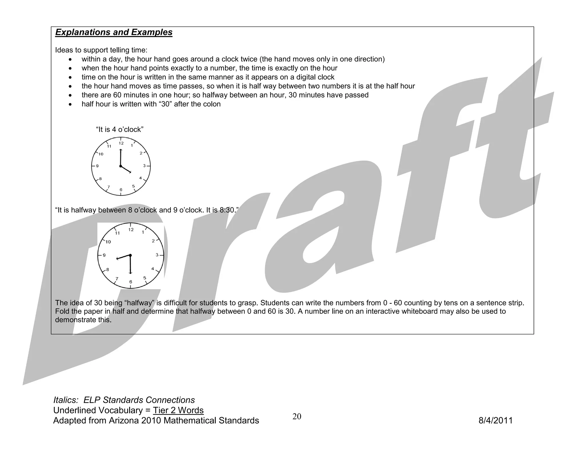 Explanations and Examples
Ideas to support telling time:
    • within a day, the hour hand goes around a clock twice (the hand moves only in one direction)
    • when the hour hand points exactly to a number, the time is exactly on the hour
    • time on the hour is written in the same manner as it appears on a digital clock
    • the hour hand moves as time passes, so when it is half way between two numbers it is at the half hour
    • there are 60 minutes in one hour; so halfway between an hour, 30 minutes have passed
    • half hour is written with “30” after the colon


             “It is 4 o’clock”




“It is halfway between 8 o’clock and 9 o’clock. It is 8:30.”




The idea of 30 being “halfway” is difficult for students to grasp. Students can write the numbers from 0 - 60 counting by tens on a sentence strip.
Fold the paper in half and determine that halfway between 0 and 60 is 30. A number line on an interactive whiteboard may also be used to
demonstrate this.




Italics: ELP Standards Connections
Underlined Vocabulary = Tier 2 Words
Adapted from Arizona 2010 Mathematical Standards                          20                                                        8/4/2011
 
