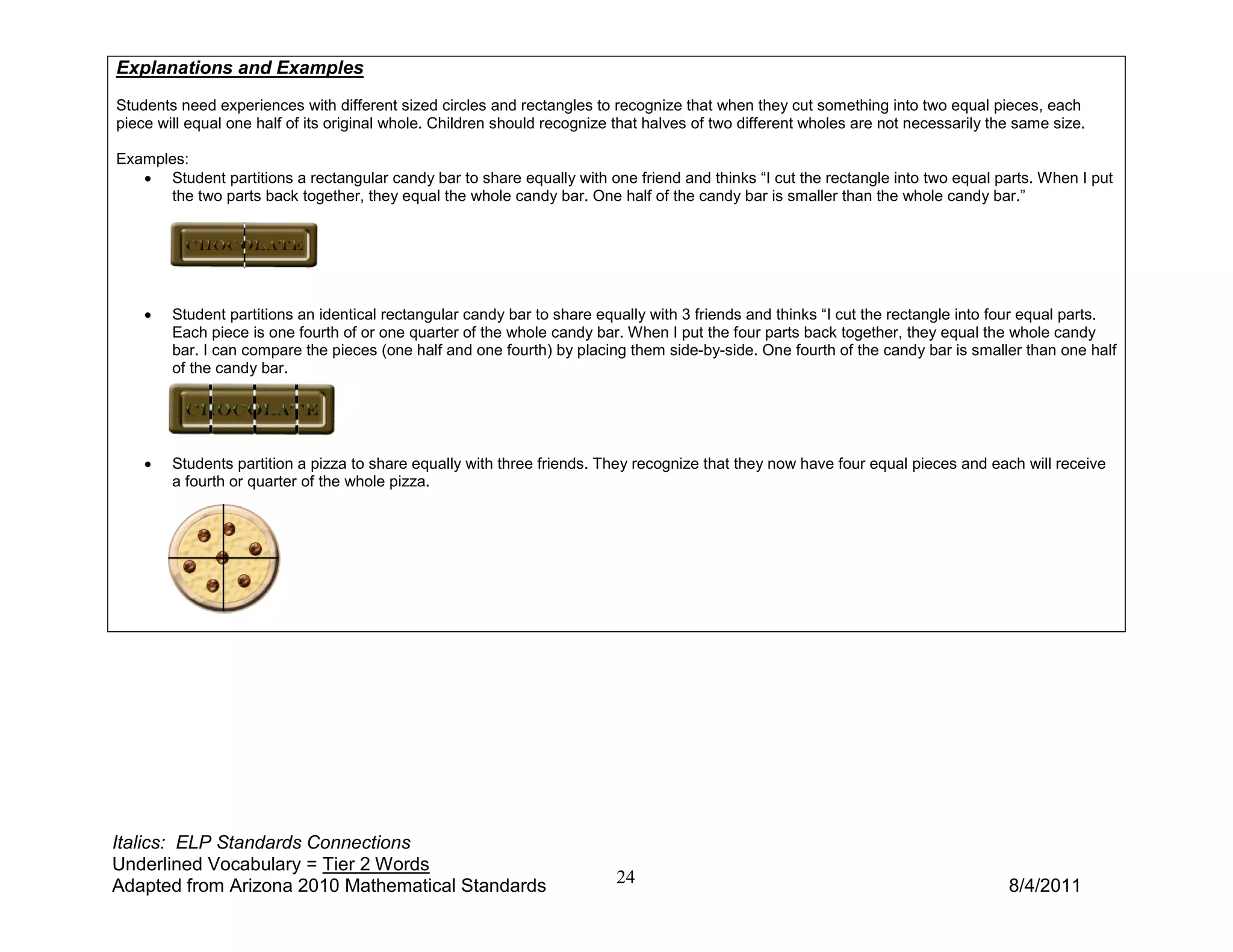 Explanations and Examples
Students need experiences with different sized circles and rectangles to recognize that when they cut something into two equal pieces, each
piece will equal one half of its original whole. Children should recognize that halves of two different wholes are not necessarily the same size.

Examples:
   • Student partitions a rectangular candy bar to share equally with one friend and thinks “I cut the rectangle into two equal parts. When I put
      the two parts back together, they equal the whole candy bar. One half of the candy bar is smaller than the whole candy bar.”




    •   Student partitions an identical rectangular candy bar to share equally with 3 friends and thinks “I cut the rectangle into four equal parts.
        Each piece is one fourth of or one quarter of the whole candy bar. When I put the four parts back together, they equal the whole candy
        bar. I can compare the pieces (one half and one fourth) by placing them side-by-side. One fourth of the candy bar is smaller than one half
        of the candy bar.




    •   Students partition a pizza to share equally with three friends. They recognize that they now have four equal pieces and each will receive
        a fourth or quarter of the whole pizza.




Italics: ELP Standards Connections
Underlined Vocabulary = Tier 2 Words
Adapted from Arizona 2010 Mathematical Standards                          24                                                         8/4/2011
 