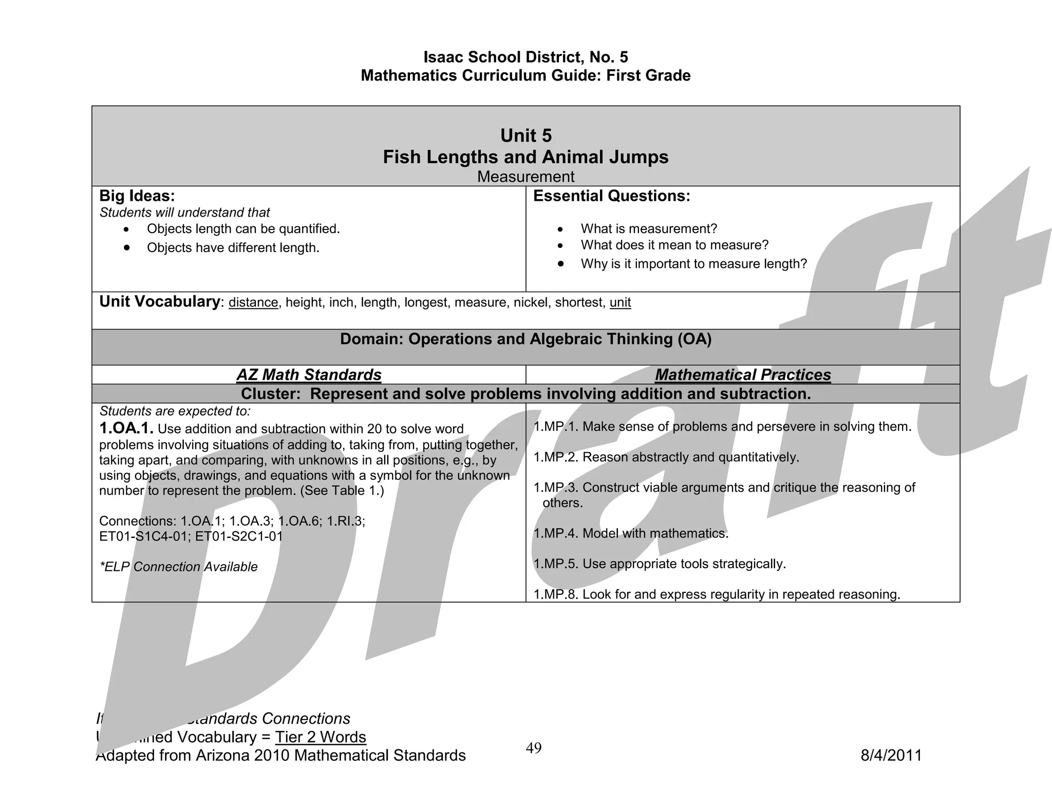 Isaac School District, No. 5
                                              Mathematics Curriculum Guide: First Grade


                                                              Unit 5
                                                  Fish Lengths and Animal Jumps
                                                                  Measurement
Big Ideas:                                                              Essential Questions:
Students will understand that
    • Objects length can be quantified.                                           •   What is measurement?
    • Objects have different length.                                              •   What does it mean to measure?
                                                                                  •   Why is it important to measure length?

Unit Vocabulary: distance, height, inch, length, longest, measure, nickel, shortest, unit

                                          Domain: Operations and Algebraic Thinking (OA)

                        AZ Math Standards                                   Mathematical Practices
                        Cluster: Represent and solve problems involving addition and subtraction.
Students are expected to:
1.OA.1. Use addition and subtraction within 20 to solve word                 1.MP.1. Make sense of problems and persevere in solving them.
problems involving situations of adding to, taking from, putting together,
taking apart, and comparing, with unknowns in all positions, e.g., by        1.MP.2. Reason abstractly and quantitatively.
using objects, drawings, and equations with a symbol for the unknown
number to represent the problem. (See Table 1.)                              1.MP.3. Construct viable arguments and critique the reasoning of
                                                                               others.
Connections: 1.OA.1; 1.OA.3; 1.OA.6; 1.RI.3;
ET01-S1C4-01; ET01-S2C1-01                                                   1.MP.4. Model with mathematics.

*ELP Connection Available                                                    1.MP.5. Use appropriate tools strategically.

                                                                             1.MP.8. Look for and express regularity in repeated reasoning.




Italics: ELP Standards Connections
Underlined Vocabulary = Tier 2 Words
Adapted from Arizona 2010 Mathematical Standards                             49                                                     8/4/2011
 