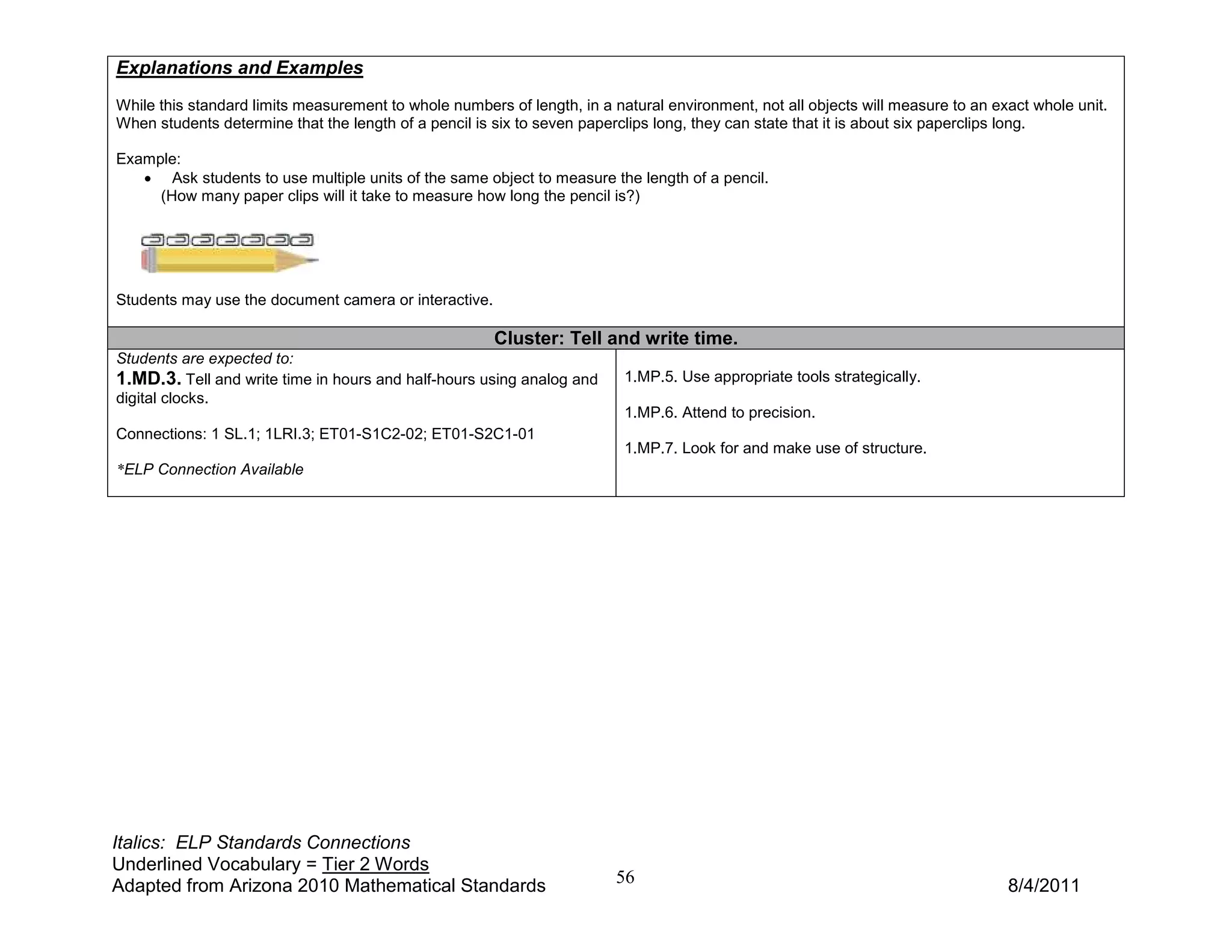 Explanations and Examples
While this standard limits measurement to whole numbers of length, in a natural environment, not all objects will measure to an exact whole unit.
When students determine that the length of a pencil is six to seven paperclips long, they can state that it is about six paperclips long.

Example:
   • Ask students to use multiple units of the same object to measure the length of a pencil.
     (How many paper clips will it take to measure how long the pencil is?)




Students may use the document camera or interactive.

                                                       Cluster: Tell and write time.
Students are expected to:
1.MD.3. Tell and write time in hours and half-hours using analog and      1.MP.5. Use appropriate tools strategically.
digital clocks.
                                                                          1.MP.6. Attend to precision.
Connections: 1 SL.1; 1LRI.3; ET01-S1C2-02; ET01-S2C1-01
                                                                          1.MP.7. Look for and make use of structure.
*ELP Connection Available




Italics: ELP Standards Connections
Underlined Vocabulary = Tier 2 Words
Adapted from Arizona 2010 Mathematical Standards                         56                                                       8/4/2011
 