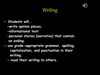 Writing
• Students will..
-write opinion pieces,
-informational text
-personal stories (narrative) that contain
an ending.
- use grade-appropriate grammar, spelling,
capitalization, and punctuation in their
writing.
- read their writing to others.
 