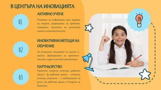 В ЦЕНТЪРАНА ИНОВАЦИЯТА
01
02
АКТИВНОУЧЕНЕ
03
Усвояване на информация чрез задаване
на въпроси, разрешаване на проблеми,
ситуиране, прилагане на дигитални
знания и компетентности.
ИНОВАТИВНИМЕТОДИНА
ОБУЧЕНИЕ
За успешното овладяване на знания и
умения, формирането на критично
мислене и други ключови компетенции.
ПАРТНЬОРСТВО
Терминът синергия означава „работят
заедно“. Да работим заедно – учители,
ученици, родители – е необходимост за
успех. Да работим заедно е Синергия за
бъдещето.
 