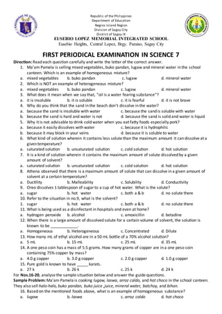 Republic of the Philippines
Department of Education
Negros Island Region
Division of Sagay City
District of Sagay IX
EUSEBIO LOPEZ MEMORIAL INTEGRATED SCHOOL
Eusebio Heights, Central Lopez, Brgy. Paraiso, Sagay City
FIRST PERIODICAL EXAMINATION IN SCIENCE 7
Direction: Read each question carefully and write the letter of the correct answer.
1. Ma’am Pamela is selling mixed vegetables, buko pandan, lugaw and mineral water in the school
canteen. Which is an example of homogeneous mixture?
a. mixed vegetables b. buko pandan c. lugaw d. mineral water
2. Which is NOT an example of heterogeneous mixture?
a. mixed vegetables b. buko pandan c. lugaw d. mineral water
3. What does it mean when we say that, “oil is a water fearing substance”?
a. it is insoluble b. it is soluble c. it is fearful d. it is not brave
4. Why do you think that the sand in the beach don’t dissolve in the water?
a. because the sand is insoluble with water c. because the sand is soluble with water
b. because the sand is hard and water is not d. because the sand is solid and water is liquid
5. Why it is not advisable to drink cold water when you eat fatty foods especially pork?
a. because it easily dissolves with water c. because it is hydrophilic
b. because it may block in your veins d. because it is soluble to water
6. What kind of solution wherein it contains less solute than the maximum amount it can dissolve at a
given temperature?
a. saturated solution b. unsaturated solution c. cold solution d. hot solution
7. It is a kind of solution wherein it contains the maximum amount of solute dissolved by a given
amount of solvent?
a. saturated solution b. unsaturated solution c. cold solution d. hot solution
8. Athena observed that there is a maximum amount of solute that can dissolve in a given amount of
solvent at a certain temperature?
a. Ductility b. Malleability c. Solubility d. Conductivity
9. Oreo dissolves 1 tablespoon of sugar to a cup of hot water. What is the solute?
a. sugar b. hot water c. both a & b d. no solute there
10. Refer to the situation in no.9, what is the solvent?
1. sugar b. hot water c. both a & b d. no solute there
11. What is being used as a disinfectant in hospitals and even at home?
a. hydrogen peroxide b. alcohol c. amoxicillin d. betadine
12. When there is a large amount of dissolved solute for a certain volume of solvent, the solution is
known to be ____________.
a. Homogeneous b. Heterogeneous c. Concentrated d. Dilute
13. How many mL of ethyl alcohol are in a 50 mL bottle of a 70% alcohol solution?
a. 5 mL b. 15 mL c. 25 mL d. 35 mL
14. A one peso coin has a mass of 5.5 grams. How many grams of copper are in a one peso coin
containing 75% copper by mass?
a. 4.0 g copper b. 3.0 g copper c. 2.0 g copper d. 1.0 g copper
15. Pure gold is known to have _____ karats.
a. 27 k b. 26 k c. 25 k d. 24 k
For Nos.16-20, analyse the sample situation below and answer the guide questions.
Sample Problem: Ma’am Pamela is cooking lugaw, laswa, arroz caldo, and hot choco in the school canteen.
They also sell halo-halo, buko pandan, buko juice ,juice, mineral water, batchoy, and bihon.
16. Based on the mentioned foods above, what is an example of homogeneous substance?
a. lugaw b. laswa c. arroz caldo d. hot choco
 