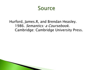 Hurford, James.R, and Brendan Heasley.
1986. Semantics: a Coursebook.
Cambridge: Cambridge University Press.
 
