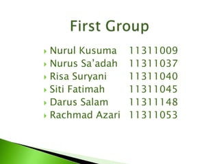  Nurul Kusuma 11311009
 Nurus Sa’adah 11311037
 Risa Suryani 11311040
 Siti Fatimah 11311045
 Darus Salam 11311148
 Rachmad Azari 11311053
 