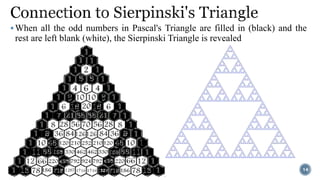 When all the odd numbers in Pascal's Triangle are filled in (black) and the
rest are left blank (white), the Sierpinski Triangle is revealed
14
 