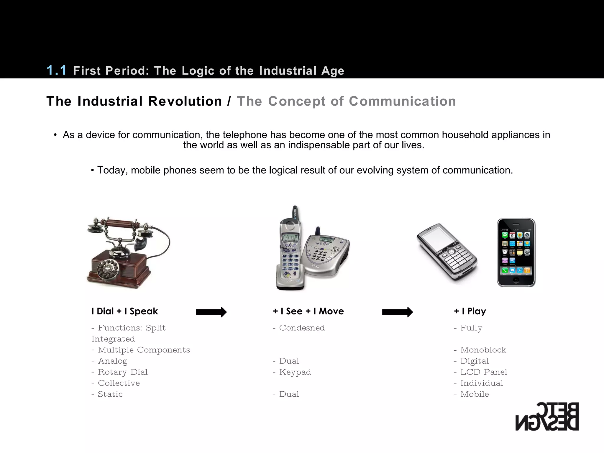 As a device for communication, the telephone has become one of the most common household appliances in the world as well as an indispensable part of our lives.  Today, mobile phones seem to be the logical result of our evolving system of communication. The Industrial Revolution /  The Concept of Communication I Dial + I Speak + I See + I Move + I Play - Functions: Split - Condesned - Fully Integrated Multiple Components - Monoblock Analog - Dual - Digital Rotary Dial - Keypad - LCD Panel Collective - Individual Static - Dual - Mobile  1.1  First Period: The Logic of the Industrial Age 