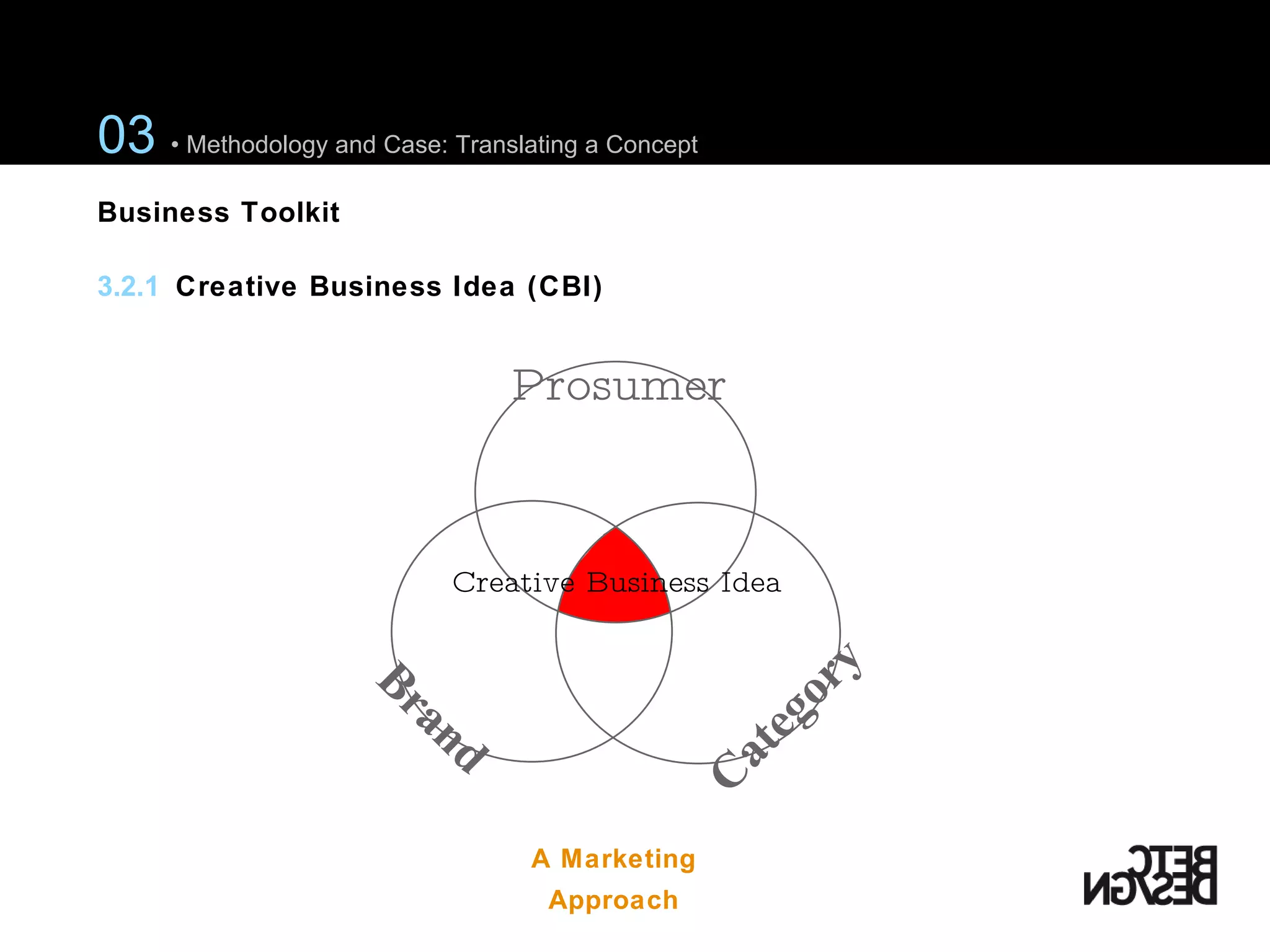 03  • Methodology and Case: Translating a Concept 3.2.1  Creative Business Idea (CBI) Business Toolkit A Marketing Approach Prosumer Brand Category Creative Business Idea 