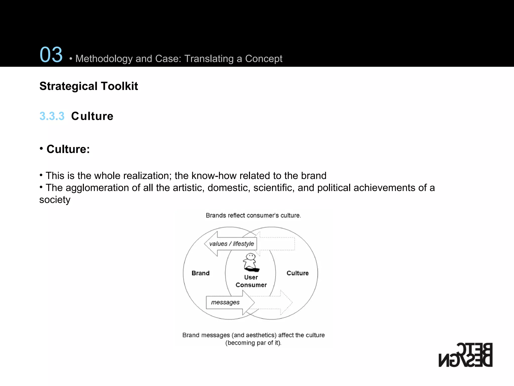 03  • Methodology and Case: Translating a Concept Strategical Toolkit Culture: This is the whole realization; the know-how related to the brand The agglomeration of all the artistic, domestic, scientific, and political achievements of a society 3.3.3  Culture 