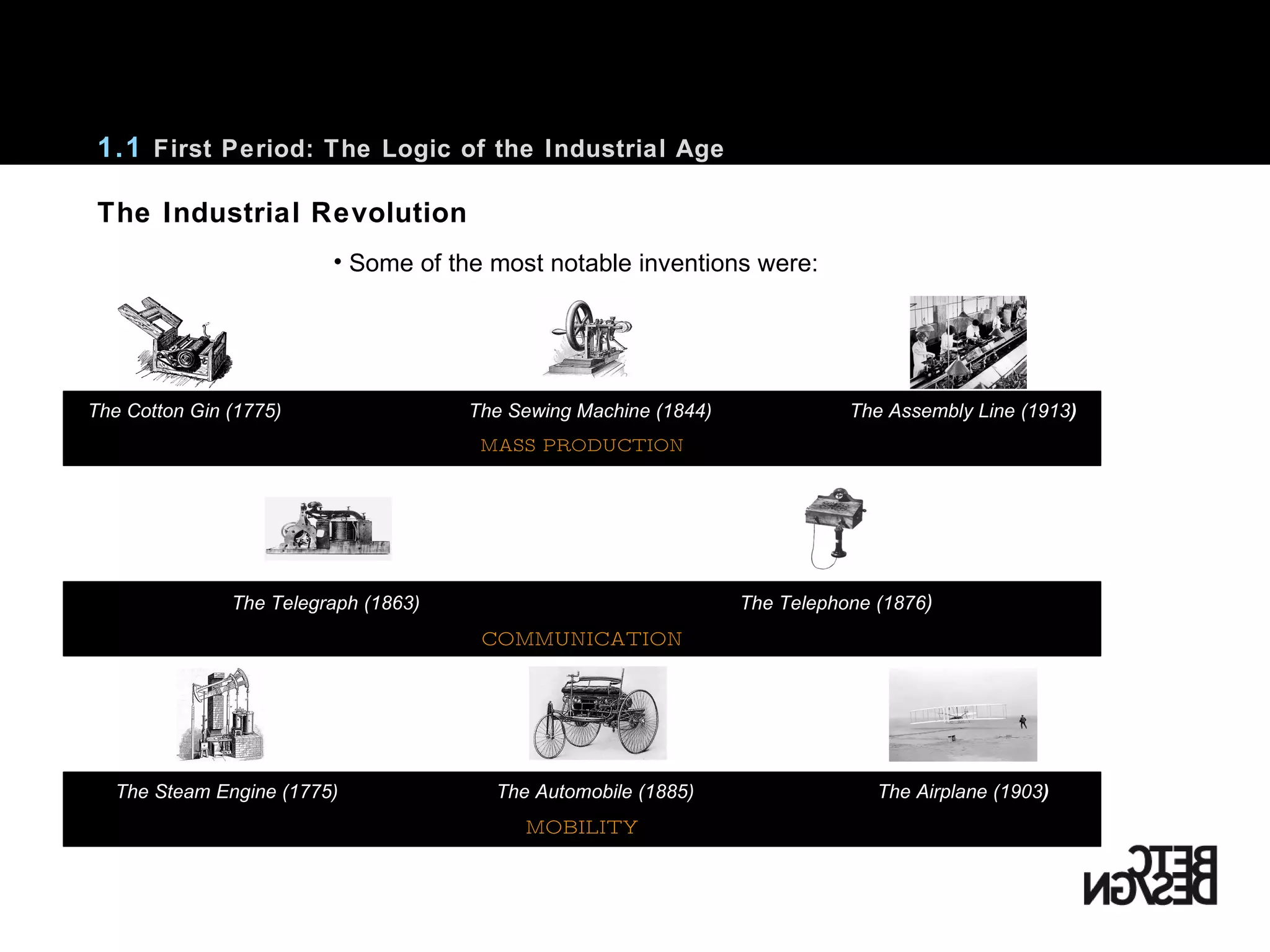 Some of the most notable inventions were: The Steam Engine (1775) The Automobile (1885) The Airplane (1903 ) MOBILITY The Telegraph (1863) The Telephone (1876 ) COMMUNICATION The Cotton Gin (1775) The Sewing Machine (1844) The Assembly Line (1913 ) MASS PRODUCTION 1.1  First Period: The Logic of the Industrial Age The Industrial Revolution 