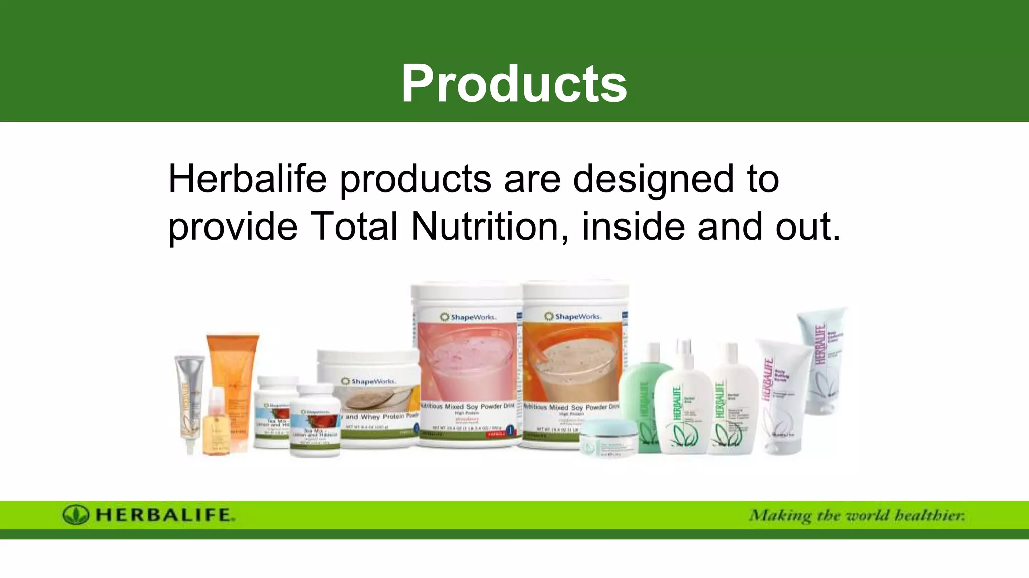 Products
Herbalife products are designed to
provide Total Nutrition, inside and out.
 