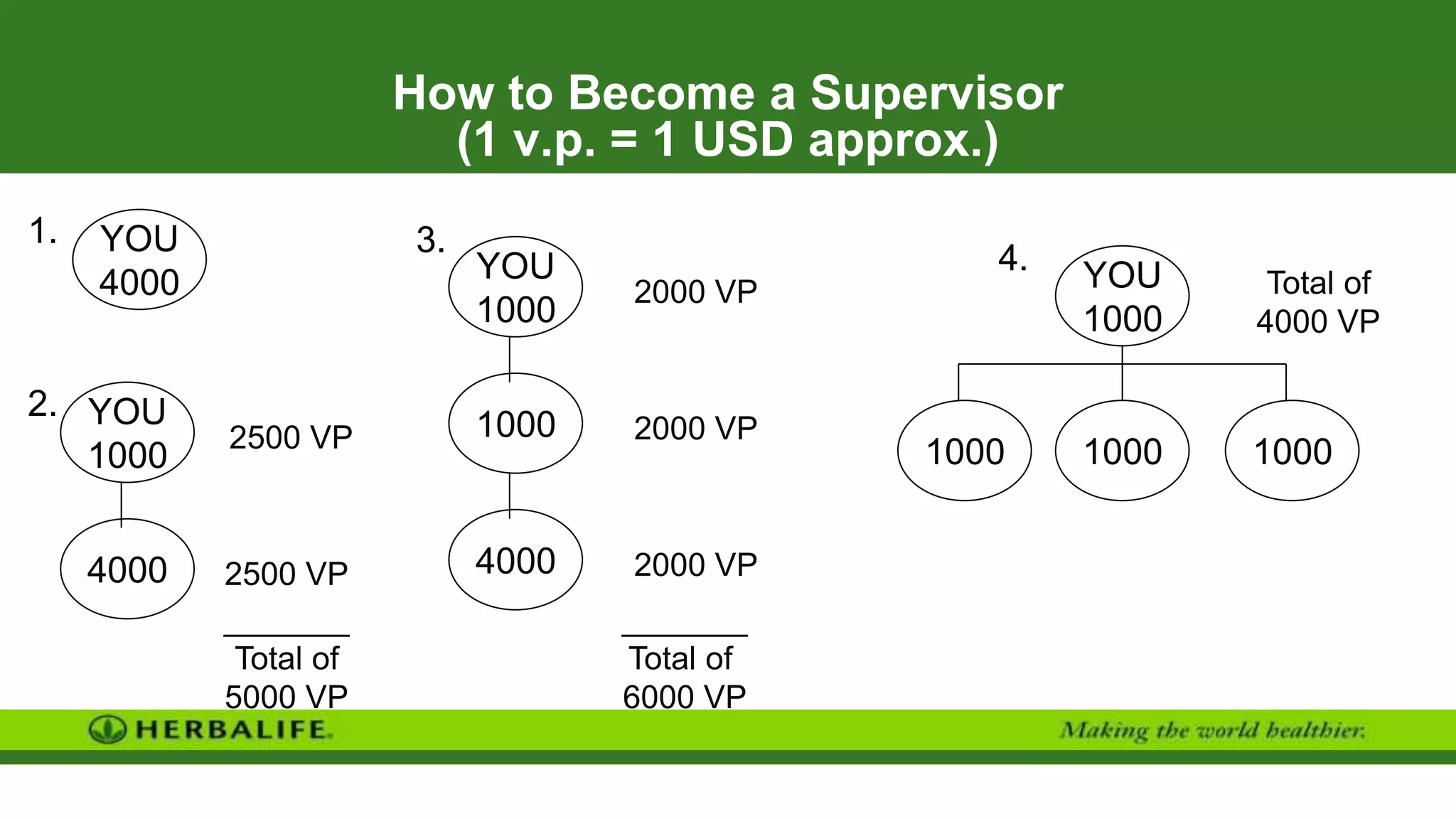 How to Become a Supervisor
(1 v.p. = 1 USD approx.)
YOU
1000
2500 VP
2500 VP
2000 VP
_______
Total of
5000 VP
4000
YOU
1000
1000
4000
YOU
4000 YOU
1000
1000 1000
1000
2000 VP
2000 VP
Total of
4000 VP
_______
Total of
6000 VP
1.
2.
3.
4.
 