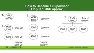 How to Become a Supervisor
(1 v.p. = 1 USD approx.)
YOU
1000
2500 VP
2500 VP
2000 VP
_______
Total of
5000 VP
4000
YOU
1000
1000
4000
YOU
4000 YOU
1000
1000 1000
1000
2000 VP
2000 VP
Total of
4000 VP
_______
Total of
6000 VP
1.
2.
3.
4.
 