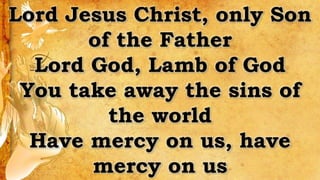 Lord Jesus Christ, only Son
of the Father
Lord God, Lamb of God
You take away the sins of
the world
Have mercy on us, have
mercy on us
 