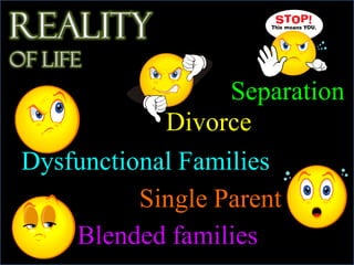 Separation
Divorce
Dysfunctional Families
Single Parent
Blended families