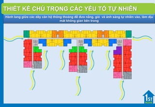 THIẾT KẾ CHÚ TRỌNG CÁC YẾU TỐ TỰ NHIÊN
Hành lang giữa các dãy căn hộ thông thoáng để đưa nắng, gió và ánh sáng tự nhiên vào, làm dịu
mát không gian bên trong
 