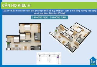 Căn hộ Kiểu H là căn hộ đặt biệt chỉ được thiết kế duy nhất tại 1 vị trí ở mỗi tầng hướng vào công
viên trung tâm. Diện tích 67.34m2
3 PHOØNG NGUÛ I 2 PHOØNG TAÉM
CĂN HỘ KIỂU H
 
