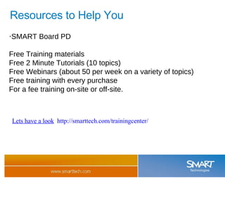Resources to Help You · SMART Board PD Free Training materials Free 2 Minute Tutorials (10 topics) Free Webinars (about 50 per week on a variety of topics) Free training with every purchase For a fee training on-site or off-site. Lets have a look   http://smarttech.com/trainingcenter/ 
