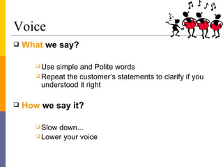 Voice What  we say? Use simple and Polite words Repeat the customer’s statements to clarify if you understood it right How  we say it?   Slow down... Lower your voice   