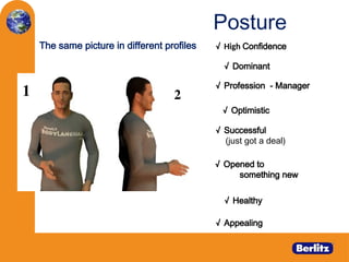 Posture
1 2
√ Profession - Manager
√ Dominant
√ High Confidence
√ Successful
(just got a deal)
√ Optimistic
√ Opened to
something new
√ Appealing
√ Healthy
The same picture in different profiles
 