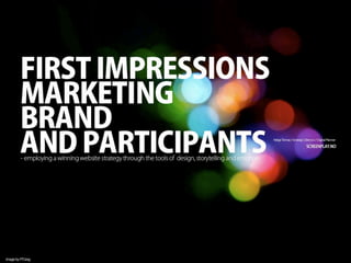 first impressions marketing brand and participants ""itå«s easy. just skip the """"interface design"""" phase and make everything beige. you can`t go wrong with beige."" """"""each time a new technology comes along, new designers make the same horrible mistakes as their predecessors. technologists are not noted for learning the errors of the past. they look forward, not behind, so the repeat the same problems over and over again,"""" -donald norman, the design of everyday things"" the collision it always seems obvious to think in a straight trajectory but it often is an unanticipated converging vector that changes the direction of the current. this point of impact i refer to as the collision for the understanding of a picture a chair is needed. why a chair to prevent the legs as they tire from interferring with the mind paul klee the thinking eye communications 38% information 22% entertainment 17% surfing 8% transactions 7% creation 5% first impressions marketing brand and participants hello the halo effect through the open quotes halo effect close quotes first impressions can color subsequent judgments of perceived credibility comma usability comma and ultimately influence our purchasing decisions full stop creating a fast-loading comma visually appealing site can help websites succeed full stop the visceral reaction snap descision rational thought argumentation visceral reaction cognitive bias rational thought argumentation so the question becomes: what does it take to create a first impression? aesthetic """"""clean"""", """"pleasent"""", """"symmentrical"""""" """"""you don't need something more to explain something more."""" -murray gell-mann 1969 nobel prize in physics for his work on the theory of elementary particles"" """"""...the more and more symmetry you have the better you exhibit the simplicity and elegance of the theory"""""" all laws applied to all forms of visual presentation also applies to the design of a web page or application. top chef usa monk kodak easyshare ""first impressions marketing brand and participants -employing a winning website strategy through the tools of design, storytelling and ..... hedge terrace / strategic director/digital planner screenplay.no"" """"""the application itself is not a goal at all - it's an obstacle between the user and their goal."""""" ""second fase of technology: then we started talking to someone we called """"users""""? fox"" ""second fase of technology then we started talking to someoane we called """"users""""?"" third fase of technology: but now we are looking at activities.. patterns and predictability paradox of choice - barry schwartz """"""everytime you ad something you take something away"""" -37signals.com"" most deciding factors when evaluating a site: without technical problems appealing design good findability simple navigation harris interactive automative assessment study """"""the research shows that, although users are sensitive to differences in actual usability of sites, percieved usability appears to be tied more to the immediate impression than to actual usability. in turn, the immediate im-pression is based on the aesthetics appeal of the site"""" - citation: gitte lindgaard, 2003-08-08, usability vs. aesthetics"" ""persuasion, in order to create desired action."" ""you must go beyonduse ability, this isn't simply removing obstacles. it is creating the desire that drives action. brian and jefferey elsenburg persuasive online copywriting how to take your words to the bank with an call to action secret formulas to improve online results"" the trust and credibility your website communicates is critical in helping visitors feel confident in purchasing from you successful model knowledge information failed model time how do you present your information? information is worthles before it is put into context with knowledge and experience the customer already owns. ""the truth is that """"meaning"""" is created by lots of little points of data, in the same way that persistence-of-vision effects are created by lots of little points of light."""" erik mckeen"" 100% 1.8% average conversionrate on visitors to shop.org members sites 2005 ""in classical times when cicero had finished speaking , the people said, how well he spoke but when demosthenes had finished speaking they said let us march adlai stevenson"" design + usability """""" the fourth dimension is time -bill moggridge designing interactions"" wai (it's all wrong) """"""focusing on usability will help you get the design right, but it won't help you get the right design."""" - bill buxton"" ""the borderline between to adjacent shapes having a double function, the act tracing such a line is a complicated business. on either side of it, simultaneously, a recognizability takes shape. but the human eye and mind cannot be busy with two things at the same moment... there must be a quickly and continous jumping from one side to the other..."" ""first impressions marketing brand and participants -employing a winning wesite strategy through the tools of design, storytelling and heige tenna/strategic director/digital planner screenplay.no"" superbrands vol.2 the most fun on broadway mamma mia the paradox of choice """"""the brain is lazy"" """"""a man always buys something for two reasons: a good reason, and the real reason"""" jp morgan think small."" '' an interesting fenomenon in the western world is that as we grow up we tend to deny the irrational. in the western understanding of reason it is it is rational desicions that drive the purchase of products. we are living in the age of post rationalising. ""the fact that lotteries are popular leads to contradictions with economic rationality. economic rationality among so many people is a huge challenge to economics. naturally, economics long ago decided to ignore the irrationality of people.... as john kenneth galbraith pointed out, """" in the choice between changing one's mind and proving there's no need to do so, most people get busy on the proof"""". unfortunately irrationality is so wide spread that it was actually psychologists who finally forced economists to take real people's irrationality seriously in the 1960's and 1970's. now examining the differences between actuaal decisions and ideal decisions is one of the hottest areas in economics."" """"""that's a good example of just how central this kind of decision making (snap decisions) is to the way we make sense of the world. and just how good we are at convincing ourselves otherwise, at pretending that what we are doing is concious and deliberat when it is not."""" malcolm gladwell"" if i was ceo of a company i would have read the ssb (norwegian state statistics agency) webpages long before taking advice from people who think we are living in a dream society or insists that people don't know the price of the products available in the market. ""economists, and other social scientists with an interest in decision-making, have found that the difference between the rational model (how decisions ought to be made) and the real world (what decisions are made) is so significant that their rational models can be of little use."" lotteries almost single-handedly prove that people are not rational. professor michael mainelli price? ""sales increased 60% """"overnight"""" with new design."" ""companies will need to understand that their products are less important than their stories. rolf jensen, copenhagen institute or future studes"" """"""love is overestimating the difference between one woman and another"""" -george bernard shaw"" ""leopard. conquer time a *mac os x x hello, tomorrow."" action (conitiv) head (cognitiv) hart (affectiv) """"""affective loyalty is the strongest form of loyalty and will be the most difficult form to compete against."" cognitive bias """"""the internetis a nearly perfect market because information is instantaneous and buyers can compare offerings of sellers worldwide. the result is fierce price competition and vanishing brand loyalty"""""" steve krug don't make me think a common sense approach to web usability second edition is this wrong? ""its not about not making people think, it's about removing unanticipated bottlenecks. absolut"" patterns and predictability ""if the costumer needs to """"go to the toilet"""", let them. always let them, but while there suprise them, give them something unexcpected and something so positive it creates a unique and lasting impression."" ""aesthetics aside, there are two key elements that comprise a killer first impression. and they're the things that make unboxing a new product or installing new software feel like opening a christmas present. these elements are anticipation and surprise. robert hoekmann jr."" ""when we examine some of the web 2.0 success stories-like facebook, flickr, second life and youtube - we can see that they all tap into the creative and imaginative qualities of their users. in fact, playfulness is so ingrained in the user experience of these sites that it's impossible to separate it from the services they provide."" in essence risk taking is at the heart of acquiring new knowledge. in short we do not acquire new knowledge without taking the risk of delving into the unknown. evolution has given us the perfect balanced set of tools for doing this. in the first place we generally prefer to explore novel things more than those we already know and find novelty exciting. ""in the new online media landscape, brand content isn't the """"sit back and watch"""" branded entertainment of traditional media. it is a more actively consumed form of entertainment, something that engages, participates with, and is spread by and audience."" communication 38% information 22% entertainment 17% surfing 8% transactions 7% creation 5% identification definition specification purchase recommended strategic positioning of web content and intent traditional strategic positioning of web content and intent """"""this represents 16 percent of the christmas shoppers, but the importance of the internet on christmas shopping kan be far greater than the number suggests. the research also shows that 56% of the norwegian popultion use e-retailers to check for stock and price before they shop"""""" the important ingredients of: emotions and storytelling free hugs free hugs ""lift stairs """"if you eliminate the emotional guiding factor, it is impossible for people to make descicions in daily life"""" """"facts lead to conclusions, emotions lead to action"""""" stumbling happiness daniel gilbert we contemplate future events by simulating those events in our imaginations and then noting our emotional reactions ""words have no meaning in themselves: orally they are only arbitrary juxtapostions of sounds. however they trigger off in us images which, generated by our perceptions carry meaning."" ""''at sony we assume that all products of our competi-tors have basically the same technology, price, perfor-mance and features. design is the only thing that differ-entiates one product from another in the markerplace. - norio"" first impressions marketing brand and participants dedicated participants content isn't king. conversation is king. content is just something to talk about ""january 2, 2008, 4:13 pm minng the collective intelligence of nytimes.com users by derek gottfrid tags. clustering, search """"we know that we have remarkably knowledgeable and intelligent readers, and we would love to recruit more and more of them in ever more sophisticated ways to improve the quality of news and information on our site."""" - jon landman, deputy managing editor, the new york times http://open.blogs.nytimes.com/2008/01/02mining-the-collective-intelligence-of-nytimes-users/ slideshare 114/129"" ""solving a governement-related problem: 58% used the internet to get help. 53% said they turned to professionals. 45% said they sought out friends and family. 36% said they consulted newspapers and magazines. 34% said they directly contacted a government office or agency. 16% said they consulted television and radio. 13% said they went to the public library. -information searches that solve problems, pew internet & american life project http:// www.pewinternet.org/ppf/r/231/source/rss/report_display.asp"" ""the guardian it's an emerging rule of thumb that suggests that if you get a group of 100 people online then one will create content, 10 will interact with it (commentating or offering improvements) and the other 89 will just view it. charles arthur the guardian thursday 20th july 2006"" ""disney monday night keynote """"we want to invite our customers to be part of our stories - robet iger president disney corporation"" nikeid the shoes don't lie make them slick. make them retro. make them ugly ""some sites like apple.com's support site have more advanced features whereby people can rate the responses they are given to their questions. that way, if one response by the community really helped the person who asked the question, it will be flagged and easily found by future readers. this helps users filter out bad responses, further reducing support costs. joshua porter, uie brain sparks"" ""first impressions marketing brand and participants employing a winning website strategy through the tools of design, storytelling and emotion""