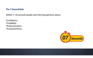 The 7-Second Rule
Within 7–10 seconds people start forming opinions about:
•Confidence
•Credibility
•Professionalism
•Trustworthiness
 