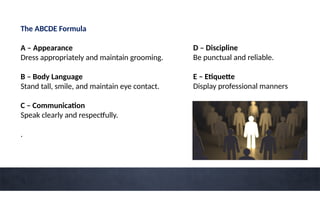 The ABCDE Formula
A – Appearance
Dress appropriately and maintain grooming.
B – Body Language
Stand tall, smile, and maintain eye contact.
C – Communication
Speak clearly and respectfully.
.
D – Discipline
Be punctual and reliable.
E – Etiquette
Display professional manners
 