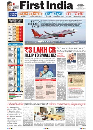 CORONA
ALERT
JAIPUR l THURSDAY, MAY 14, 2020 l Pages 12 l 3.00 RNI NO. RAJENG/2019/77764 l Vol 1 l Issue No. 337
27°C - 38°C
OUR EDITIONS:
JAIPUR & AHMEDABAD
www.ﬁrstindia.co.in
www.ﬁrstindia.co.in/epaper/ I twitter.com/
theﬁrstindia I facebook.com/theﬁrstindia
instagram.com/theﬁrstindia
COVID-19
UPDATE
RAJASTHAN
121
DEATHS
4,328
CONFIRMED CASES
USA 1,417,398 84,175 +750
SPAIN 271,095 27,104 +184
RUSSIA 242,271 2,212 +96
UK 229,705 33,186 +494
ITALY 222,104 31,106 +195
BRAZIL 180,737 12,635 +231
GERMANY 173,824 7,792 +54
TURKEY 143,114 3,952 +58
IRAN 112,725 6,783 +50
CHINA 82,926 4,633 +2
COUNTRY TOTAL TOTAL NEW
CASES DEATHS DEATHS
GLOBAL STATE
OF AFFAIRS
WWW.WORLDOMETERS.INFO
LAST UPDATED: MAY 13, 2020, 11:00 PM
SAMPLE RECEIVED
SAMPLE NEGATIVE
1,699
UNDER EXAMINATION
1,94,683
1,86,125
IN RAJASTHAN
DISTRICT TOTAL NEW TOTAL
CASES CASES DEATH
AJMER 235 — 5
ALWAR 32 +1 2
BANSWARA 68 +2 1
BARAN 3 — —
BARMER 8 — —
BHARATPUR 121 +2 2
BHILWARA 43 — 2
BIKANER 40 — 2
CHITTORGARH 142 — 2
CHURU 27 +3 1
DAUSA 28 +1 —
DHOLPUR 24 +3 —
DUNGARPUR 13 +2 —
HANUMANGARH 12 — —
JAIPUR 1342 +61 62
JAISALMER 41 +1 —
JALORE 42 +28 1
JHALAWAR 47 — —
JHUNJHUNU 47 +1 —
JODHPUR 919 +8 17
KARAULI 7 — 1
KOTA 269 +5 10
NAGAUR 139 +2 3
PALI 95 +27 3
PRATAPGARH 4 — 1
RAJSAMAND 26 +5 —
SWAI MADHOPUR 16 +6 1
SIKAR 12 +1 2
SIROHI 14 +3 —
TONK 144 +2 1
UDAIPUR 257 +33 —
OTHER DIST. 5 +3 2(UP)
TOTAL 4222 +201 121
OTHER (Italy) 2 — —
EVACUEES 61 — —
BSF 43 +1 —
GRAND TOTAL 4328 +202 121
SET TO
RECLAIM
SKIES
Air India plans to operate special domestic ﬂights from different cities between May 19 and June
2 to help stranded passengers reach home. The ﬂights, will connect Delhi, Mumbai, Hyderabad,
Kochi, Bengaluru, Chennai, Jaipur etc. However, this is not the beginning of domestic operations
as yet. These are as part of Air India’s evacuation operations that have been going on where
domestic passengers can also be included. This will facilitate passengers who have been
brought from abroad to reach their home states as many of them are at the destination airports.
New Delhi: Finance Min-
ister Nirmala Sitharaman
on Wednesday announced
Rs3 lakh crore of collater-
al-free loans for small
businesses, cut the tax
rate for non-salary pay-
ments and provided li-
quidity to non-banking
companies to help them
tide over the disruptions
caused by the lockdown.
Announcing the first
set of components of the
Rs20 lakh crore COVID-19
economic stimulus pack-
age announced by the
Prime Minister Narendra
Modi, she said Rs 90,000
crore liquidity infusion
will be made in electricity
distribution companies to
help them fight the cur-
rent financial stress.
Also, dates for filing in-
come tax returns and oth-
er assessments have been
extended. She said the rate
of tax deducted at source
(TDS) and tax collected at
source (TCS) for non-sala-
riedpaymentsuptoMarch
31, 2021, will be cut by 25
per cent. The move will
release Rs 50,000 crore in
the system, she said.
Turn on P6
`3 LAKH CR
FILLIP TO SMALL BIZBorrowers with up to Rs25 cr outstanding & Rs100 cr
turnover eligible for this package; TDS, TCS rates cut
puts cash in hand but your tax liability remains same
CEC sets up 3-member panel
to study Guj HC order on Min
New Delhi: In view of
Gujarat HC invalidat-
ing election of Gujarat
minister Bhupendras-
inh Chudasama from
Dholka Assembly seat
in 2017, Chief Election
Commissioner Sunil
Arora has, after discus-
sion with EC Secretary-
General Umesh Sinha
on telephone, directed a
3-member committee of
officers to study judg-
ment and put up matter
to EC at earliest.
InasetbacktoGujarat
EducationMinisterBhu-
pendrasinhChudasama,
the Gujarat High Court
on Tuesday invalidated
the Dholka constituency
election results on the
ground of malpractice
and manipulation.
Meanwhile, Chudasama
moved the Supreme
Court on Wednesday
challenging the High
Court’s decision.
Chudasama has
sought setting aside of
the Tuesday order of the
High Court Turn on P6
KEY ANNOUNCEMENTS
 Rs3 lakh crores
collateral-free automatic
loans for businesses,
including MSMEs
 Rs 20,000 crores
subordinate debt for
stressed MSMEs
 Rs 50,000 cr equity
infusion for MSMEs
through fund of funds
Rs2500 crore EPF support
for Business and workers
for 3 more months
 EPF contribution
reduced for business and
workers for 3 months
 Rs 30,000 crore
special liquidity scheme
for NBFCs/HFCs/MFIs
 Rs 50,000 crores
liquidity through TDS/TCS
rate reduction
 Rs 90000 cr liquidity
injection for DISCOMs
 Extension of up to 6
months (without costs to
contractor) by all central
agencies
 Extension of registration
and completion date of real
estate projects under RERA
Union Finance Minister Nirmala Sitharaman briefs media on Economic
package, in New Delhi on Wednesday. —PHOTO BY ANI
24 dead in
attack on
Kabul Hosp
Kabul: Afghan officials
on Wednesday raised
the death from the mili-
tant attack on a mater-
nity hospital in Kabul
the previous day, saying
that 24 people were
killed, including two
newborn babies, their
mothers and an unspec-
ified number of nurses.
Militants stormed the
hospital in Dashti
Barchi, a mostly Shiite
neighborhood the west-
ern part of Kabul, on
Tuesday morning, set-
ting off an hours-long
shootoutwiththepolice.
As the battle raged,
Afghan security forces
struggled to evacuate
the facility, Turn on P6
ARMY’S PROPOSES TO ALLOW
3-YR TENURE FOR CIVILIANS
New Delhi: The Indian Army is examining a
proposal for allowing civilians to join the force
for a three-year tenure, ofﬁcials said. At present,
the Army recruits young people under short
service commission for an initial tenure of 10
years. “The Army is considering a proposal
to allow civilians to join the force for a period
of three years,” an Army spokesperson said.
Army has been making various efforts to attract
talented young people to join it.
New Delhi: Home Minister Amit Shah said on
Wednesday that only local or indigenous products
will be sold at paramilitary canteens across India.
This will be effective from June
1. This move comes as PM
Narendra Modi advocated local
manufacturers and retailers dur-
ing his address to the nation on
Tuesday. Shah tweeted, “Yester-
day PM Modi appealed to citizens
to make India self-reliant and urged them to use
local products. This move will ensure that India
emerges as a global leader in coming days.”
ONLY MADE IN INDIA
AT ARMY CANTEENS: SHAH
CEC Sunil Arora
Chudasama
moves SC to
challenge order
INDIA
78,042
CONFIRMED CASES
2,551
DEATHS
WORLD
2,95,694
DEATHS
43,94,217
CONFIRMED CASES
Liberal Gehlot gives business a boost, allows restaurants, shops to open
Kartikey Dev Singh
Jaipur: Missing your
favourite delicacy?
Want to buy a new
phone? How about get-
ting the faulty elec-
tronic device re-
paired?? For the past 50
days, you have not had
a sample of your fa-
vorites in life, courtesy
the lockdown. However,
easing your ‘cravings’,
Chief Minister Ashok
Gehlot gave a green sig-
nal to restaurants, eat-
eries and sweet shops
to open for take away
and home delivery only.
Apart from this all
Dhabas on highways too
will open across the state.
In addition to the shops
permitted to be opened as
per all previous orders,
now hardware shops
(for plumbing, carpentry,
paint, etc.), building ma-
terial shops, AC, cooler,
electronic, electric mate-
rial shops, electronic re-
pair shops and service,
automobile sale outlets
will open across the state.
All above shops shall
necessarily maintain
safety precaution norms
prescribed forworkplace
as per previous guidelines
issued i.e. social distanc-
ing, wearing masks, not
selling a customer who is
not wearing a mask, fre-
quent sanitization, etc.
Meanwhile, earlier on
Wednesday, CM said that
thequarantinesystemwill
have to be given special at-
tention to maintain the
success that the govern-
ment has so far achieved,
in controlling the corona
infection.
“Till now, cases of coro-
na were coming up in the
cities, and to ensure that
the infection does not
spreadtovillages,strength-
ening of the quarantine
systemisveryimportant,”
Gehlot said asserting that
there should be no incon-
venience to the migrants
and at the same time there
should be adequate ar-
rangements for monitor-
ingthepeoplekeptinquar-
antine. Turn on P6
CM Ashok Gehlot during a video conference on Wednesday, where DB Gupta, Rajeeva Swarup, Bhupendra
Singh and Amit Dhaka were present.
 Corona should not
enter our villages: Gehlot
 Quarantine system
should be strengthened up
to Panchayat level: CM
 Gehlot asks officials to
rope in public
representatives to ensure
cooperation from
migrants and for
developing proper facilities
 