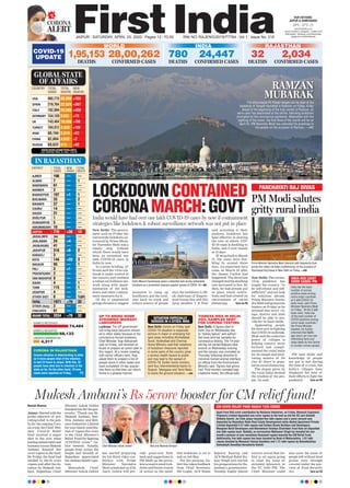 CORONA
ALERT
JAIPUR l SATURDAY, APRIL 25, 2020 l Pages 12 l 3.00 RNI NO. RAJENG/2019/77764 l Vol 1 l Issue No. 318
24°C - 37°C
OUR EDITIONS:
JAIPUR & AHMEDABAD
www.ﬁrstindia.co.in
www.ﬁrstindia.co.in/epaper/ I twitter.com/
theﬁrstindia I facebook.com/theﬁrstindia
instagram.com/theﬁrstindia
COVID-19
UPDATE
RAJASTHAN
32
DEATHS
2,034
CONFIRMED CASES
USA 903,773 50,988 +752
SPAIN 219,764 22,524 +367
ITALY 192,994 25,969 +420
GERMANY 154,159 5,653 +78
UK 143,464 19,506 +768
TURKEY 104,912 2,600 +109
IRAN 88,194 5,574 +93
CHINA 82,804 4,632 +2
RUSSIA 68,622 615 +60
COUNTRY TOTAL TOTAL NEW
CASES DEATHS DEATHS
GLOBAL STATE
OF AFFAIRS
WWW.WORLDOMETERS.INFO
LAST UPDATED: APRIL 24, 2020, 11:00 PM
SAMPLE RECEIVED
SAMPLE NEGATIVE
4,317
UNDER EXAMINATION
74,484
IN RAJASTHAN
DISTRICT TOTAL NEW TOTAL
CASES CASES DEATH
AJMER 106 — —
ALWAR 7 — 1
BANSWARA 61 — —
BARMER 2 — —
BHARATPUR 107 +1 1
BHILWARA 33 — 2
BIKANER 37 — 1
CHURU 14 — —
DAUSA 21 — —
DHOLPUR 1 — —
DUNGARPUR 5 — —
HANUMANGARH 10 — —
JAIPUR 776 +36 18
JAISALMER 34 — —
JHALAWAR 24 +4 —
JHUNJHUNU 41 — —
JODHPUR 316 +6 2
KARAULI 3 — —
KOTA 144 +22 3
NAGAUR 93 — 1
PALI 3 +1 —
PRATAPGARH 2 — —
SWAI MADHOPUR 8 — —
SIKAR 4 — 1
TONK 115 — 1
UDAIPUR 4 — —
OTHER DIST. 0 — 1(UP)
TOTAL 1971 +70 32
OTHER (Italy) 2 — —
EVACUEES 61 — —
GRAND TOTAL 2034 +70 32
68,133
CORONA IN RAJASTHAN
Corona situation is deteriorating in state
as 4 more people died of the infection
in last 24 hours in Jaipur. With this, 32
people have died due to infection in the
state so far. On the other hand, 70 new
cases were reported on Friday. P3
Mukesh Ambani’s Rs 5crore booster for CM relief fund!
Naresh Sharma
Jaipur: Startedwiththe
prime objective of pro-
viding relief to the pub-
lic for the ongoing Coro-
na crisis, the Chief Min-
ister Covid-19 Relief
fund received a major
shot in the arm when
leadingindustrialistand
businesstycoonMukesh
Ambani donated five
crore rupees to the fund.
By Friday, the fund had
swelled to 225.70 crore
rupees and after the do-
nation by Mukesh Am-
bani, Rajasthan Chief
Minister Ashok Gehlot
thanked him for the gen-
erosity. “Thank you Sh.
Mukesh Ambani, Smt.
Nita Ambani and Reli-
ance Industries Limited
foryourtimelycontribu-
tion of rupees five crore
to the Chief Minister’s
Relief Fund for fighting
#COVID19 crisis,” Ge-
hlot tweeted. Notably,
people from across the
length and breadth of
Rajasthan appreciated
theAmbanifamily’sges-
ture.
Meanwhile, Chief
Minister Ashok Gehlot
has started preparing
for his third video con-
ference with Prime
Minister Narendra
Modi scheduled on 27th
April. Gehlot will pro-
vide grass-root feed-
back and suggestions to
PM Modi on the preva-
lent scenario amid lock-
down and future course
of action as the modi-
fied lockdown is set to
end on 3rd May.
For the purpose, Ge-
hlot has taken feedback
from Chief Secretary
DB Gupta, ACS Home
Rajeeva Swarup and
ACS Medical Rohit Ku-
mar Singh and started
his preparations for Ra-
jasthan’s presentation.
Notably, highly placed
sources reveal that Ge-
hlot is yet again going
to raise the issue of
stranded labourers in
the VC with PM. The
Chief Minister could
also raise the issue of
people left without food
grains even through
covered under the pur-
view of Food Security
Act. Turn on P6
Chief Minister Ashok Gehlot Nita and Mukesh Ambani
The picturesque Pir Panjal ranges can be seen at the
backdrop of Dargah Hazratbal in Kashmir on Friday. A day
ahead of the beginning of the holy month of Ramzan, an
eerie calm has descended at the shrine, following lockdown
prompted by the coronavirus pandemic. Meanwhile with the
sighting of the moon, the ﬁrst Roza of the month will be on
April 25. PM Narendra Modi has extended his greetings to
the people on the occasion of Ramzan. —ANI
RAMZAN
MUBARAK
New Delhi: The govern-
ment said on Friday the
nationwide lockdown an-
nounced by Prime Minis-
ter Narendra Modi was a
timely step, without
which there would have
been an estimated one
lakh COVID-19 cases in
India by now.
In a press briefing, of-
ficials said the virus out-
break is under control in
the country and credited
a robust surveillance net-
work along with imple-
mentation of the lock-
down and other contain-
ment measures for it.
Of the 11 empowered
groups formed to suggest
measures to ramp up
healthcare, put the econ-
omy back on track and
reduce misery of people
once the lockdown is lift-
ed, chairman of Empow-
ered Group One and Niti
Ayog member V K Paul
said according to their
analysis, lockdown has
been effective in slowing
the rate at which COV-
ID-19 cases is doubling in
India, and it now stands
at 10 days.
“If we go back to March
21, the cases were dou-
bling in around three
days. An important turn
came on March 23 after
the Janata Curfew had
happened. The direction
changed and the doubling
rate increased to five. By
then, we had already put
in place travel restric-
tions and had created an
environment of social
distancing. Turn on P6
LOCKDOWNCONTAINED
CORONAMARCH:GOVT
New Delhi: The corona-
virus pandemic has
taught the country “to
be self-reliant and self-
sufficient” and not look
for solutions abroad,
Prime Minister Naren-
draModitoldgrassroots
leaders on Friday as he
stressed that every vil-
lage, district and state
should be able to pro-
vide for its basic needs.
Applauding people
for their grit in fighting
the COVID-19 outbreak,
Modi said the collective
power of villages is
helping country move
forward and compli-
mented the rural India
for its simple and moti-
vating mantra of Do
Gaz Ki Doori to popu-
larise social distancing.
The slogan given by
the rural India showed
the wisdom of the peo-
ple , he said.
PM said skills and
knowledge of people
are put to test during
the time of a crisis, but
India’s villages have
displayed the best of
their efforts to fight the
pandemic. Turn on P6
PM Modi salutes
gritty rural india
Delhi-Meerut Expressway wears a deserted look during nationwide
lockdown as a preventive measure against spread of COVID-19—ANI
Prime Minister Narendra Modi interacts with Sarpanchs from
across the nation via video conferencing, on the occasion of
Panchayati Raj Diwas in New Delhi on Friday. —ANI
UP TO BRING HOME
STRANDED MIGRANT
LABOURERS
Lucknow: The UP government
will bring back labourers strand-
ed in other states because of the
coronavirus-forced lockdown,
Chief Minister Yogi Adityanath
said on Friday, and directed of-
ﬁcials to prepare an action plan in
this regard. At a review meeting
with senior ofﬁcers here, Yogi
asked them to prepare a list of
people stuck in other states and
have completed 14-day quaran-
tine there so that they can return
home in a phased manner.
TIGRESS DIES IN DELHI
ZOO, SAMPLES SENT
FOR CORONA TESTING
New Delhi: A tigress died in
Delhi Zoo on Wednesday due
to “kidney failure” and authori-
ties have sent her samples for
coronavirus testing. The 14-year-
old big cat named Kalpana died
around on Wednesday evening
and the carcass was cremated on
Thursday following direction to
minimize human-animal interface,
an ofﬁcial from the Environment
Ministry said. Tigress had grown
frail. Post-mortem revealed high
creatinine levels, the ofﬁcial said.
New Delhi: Centre on Friday said
COVID-19 situation is especially
serious in major or emerging hot-
spot areas including Ahmedabad,
Surat, Hyderabad and Chennai.
Home Ministry said that violations
of lockdown measures reported
in some parts of the country pose
a serious health hazard to public
and may lead to the spread of
COVID-19. Earlier home ministry
sent four interministerial teams to
Gujarat, Telangana and Tamil Nadu
to asses the ground situation. —ANI
SITUATION ESPECIALLY
SERIOUS IN 4 CITIES: MHA
India has the least
number of corona
positive cases among
some major countries
at 5 lakh COVID-19
tests mark, said Prime
Minister Narendra Modi
on Friday. “At the 5 lakh
tests mark, India has
of the least number of
COVID-positives among
some major countries,”
the Prime Minister
tweeted. He further
informed that NaMo
app users can now see
interesting facts and
steps taken by the Centre
to contain corona spread.
Apart from Rs5 crore contribution by Reliance Industries, on Friday, Bhansali Engineers
Polymers Limited deposited one crore rupees to the fund as did the SS Jain Subodh
Shiksha Samiti. Jai Club Jaipur donated ﬁve lakh rupees and a same amount was
deposited by Rajasthan State Real Estate Development while Akshat Apartment Private
Limited deposited 2.21 lakh rupees and Golden Dunes Builders and Developers,
Manglam Build Developers and Khandelwal Vaishya Charitable Trust Kota all deposited
one lakh rupees each. Notably, ex-serviceman Mahaveer Singh too donated his one
month’s pension of over seventeen thousand rupees towards the CM Relief Fund.
Additionally, ﬁve lakh rupees has been donated by Bank of Maharashtra, 1.01 lakh
rupees donated by Mansoori Samaj Sansthan and 1.21 lakh rupees by Bahuddeshiya
Samudayik Swasthya Karyakarta Samiti.
INDIA HAS LEAST
COVID CASES: PM
CM COVID RELIEF FUND REACH `225 CRORE
India would have had over one lakh COVID-19 cases by now if containment
strategies like lockdown & robust surveillance network was not put in place
PANCHAYATI RAJ DIVAS
WORLD
1,95,153
DEATHS
28,00,262
CONFIRMED CASES
INDIA
780
DEATHS
24,447
CONFIRMED CASES
 