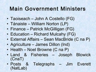 • Taoiseach – John A Costello (FG)
• Tánaiste – William Norton (LP)
• Finance – Patrick McGilligan (FG)
• Education – Richard Mulcahy (FG)
• External Affairs – Sean MacBride (C na P)
• Agriculture – James Dillon (Ind)
• Health – Noel Browne (C na P)
• Land & Fisheries – Joseph Blowick
(CnaT)
• Posts & Telegraphs – Jim Everett
(NatLab)
Main Government Ministers
 
