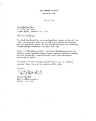 First Lady Laura Bush send Mr. and Mrs. Ryan A Nassbridges Letter of Thanks