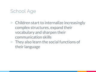 School Age
▷ Children start to internalize increasingly
complex structures, expand their
vocabulary and sharpen their
communication skills
▷ They also learn the social functions of
their language
 
