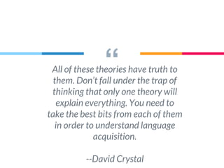 “All of these theories have truth to
them. Don’t fall under the trap of
thinking that only one theory will
explain everything. You need to
take the best bits from each of them
in order to understand language
acquisition.
--David Crystal
 