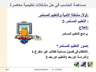 مساهمة الحاسب في حل مشكلات تعليمية معاصرة   أولاً :  مشكلة الأمية والتعليم المستمر  : 2- التعليم المستمر :  العلاج : برامج التعليم المستمر   * صور التعليم المستمر : 1- الانتظام في فصول مسائية كطالب غير متفرغ . 2- الدراسة عن بعد  ( التعليم عن بعد ). 2011 Dr.Noura Alhazzani  CI  572 NHG 